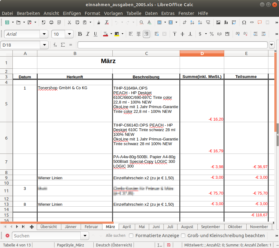 Screenshot der Datei einnahmen_ausgaben_2005.xls in LibreOffice Calc.