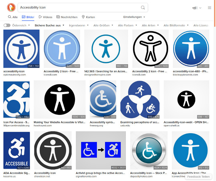 Die Bildsuche nach »Accessibility Icon« in der Suchmaschine DuckDuckGo liefert vor allem Piktogramme von Menschen mit ausgestreckten Armen.