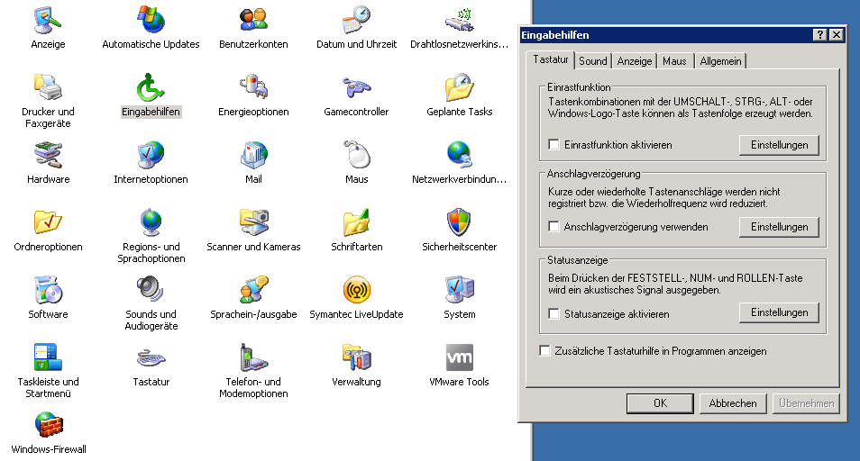 Screenshot der Systemsteuerung und des Fensters »Systemsteuerung« in Windows XP.