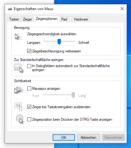 Windows-Dialog »Einstellungen der Maus«, Reiter »Zeigeroptionen«. Im Abschnitt »Sichtbarkeit« stehen u.a. zur Verfügung: »Mausspur anzeigen« und »Zeigerposition beim Drücken der STRG-Taste anzeigen«.
