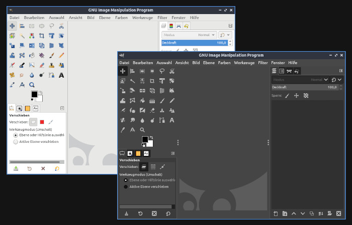 Zwei Fenster des »GNU Image Manipulation Program«, eines in hellem Grau mit bunten Symbolen und eines in dunklerem Grau mit hellgrauen Symbolen.
