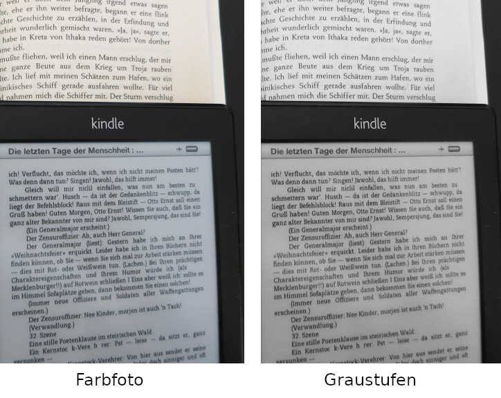 Papierbuch und E-Book-Reader. Links als Farbfoto; das Papier ist etwas gelblich, der Hintergrund des E-Book-Readers gräulich bis bläulich. Rechts das gleiche Bild in Graustufen: Der Hintergrund des E-Book-Readers ist nur geringfügig dünkler als das Papier.