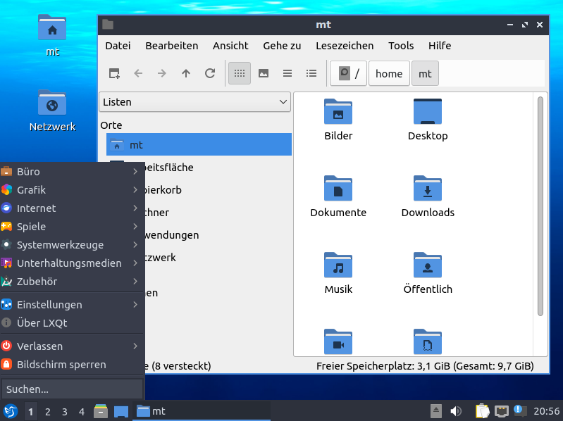 Lubuntu-Desktop mit einem offenem Fenster (Datei-Explorer) und geöffnetem Startmenü.
