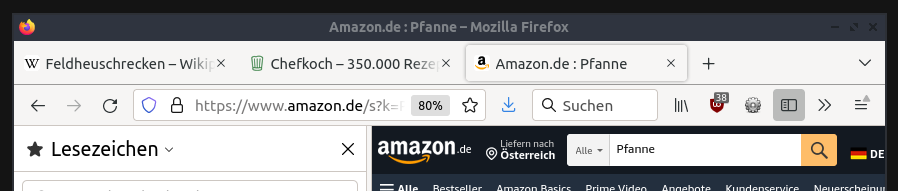 Firefox-Browser mit drei offenen Tabs: »Feldheuschrecken – Wikipedia«, »Chefkoch – 350.000 Rezepte« und »Amazon.de: Pfanne«.