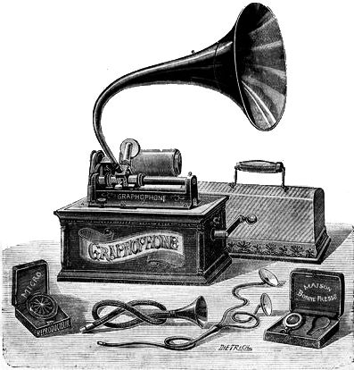 Zeichnung eines alten Kurbel-Gerätes mit einem großen Audio-Trichter, einer Vorrichtung für Tonträger-Walzen und der Beschriftung »Graphophone«.