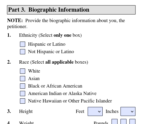 Screenshot aus einem englischsprachigen Formular, in dem man seine »Ethnicity« und seine »Race« auswählen soll.