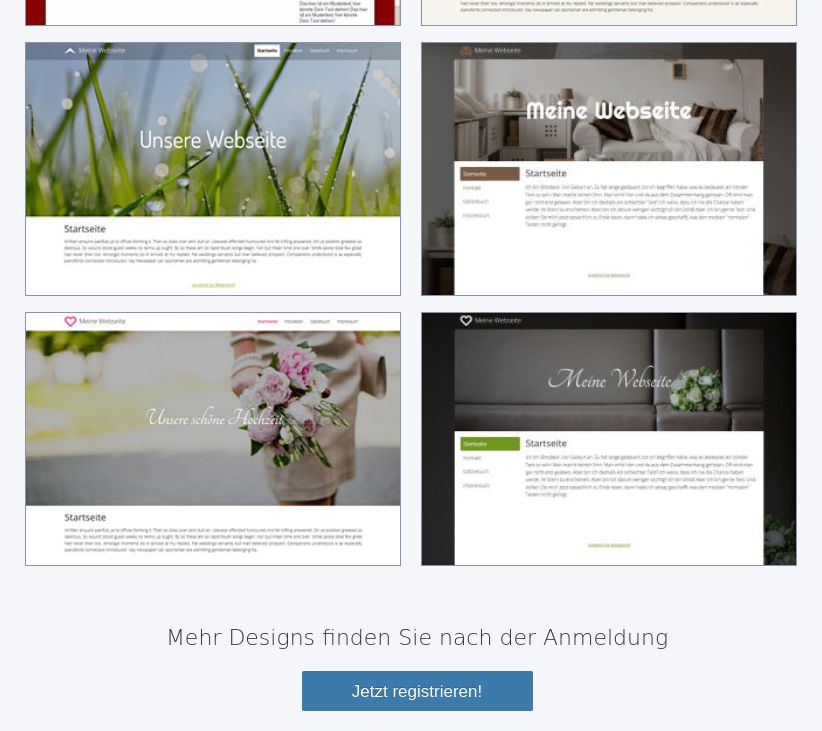 Vier Vorschau-Bilder für Website-Vorlagen mit gedeckten Farben und professionellen Stockfotos.