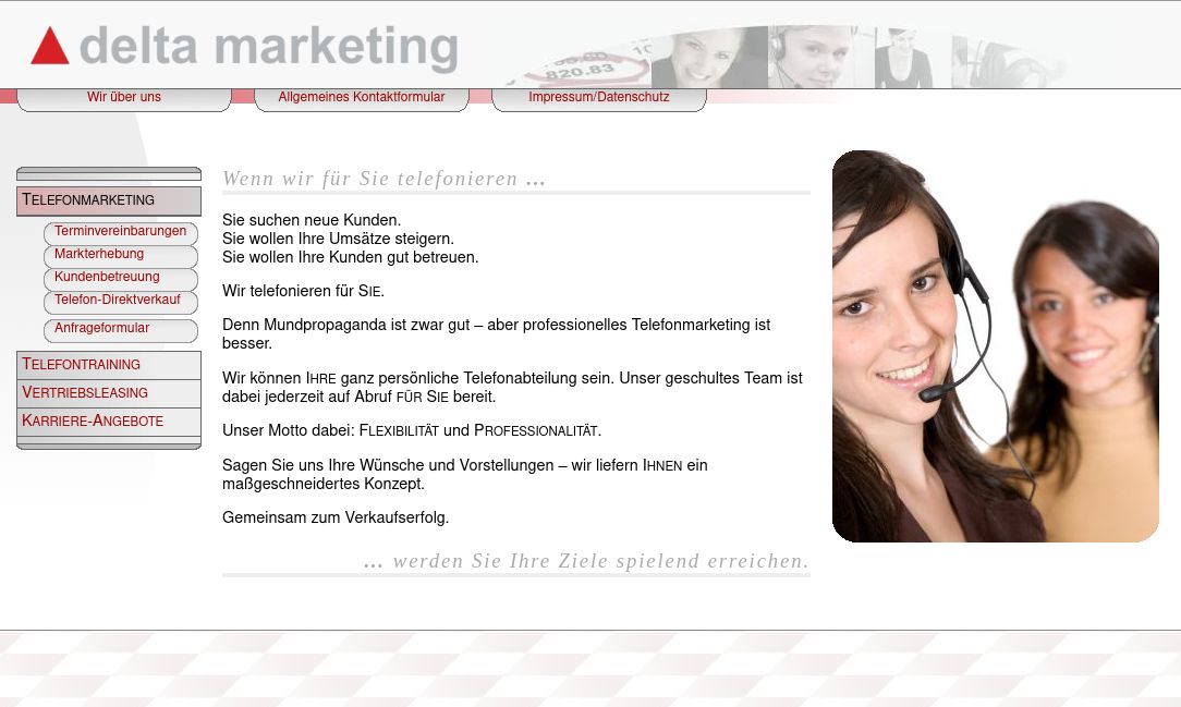 Alte, etwas altmodische Website von Delta Marketing, Unterseite »Telefonmarketing«.
