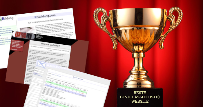 Drei Website-Screenshots neben einem Pokal mit der Beschriftung »beste (und hässlichste) Website«