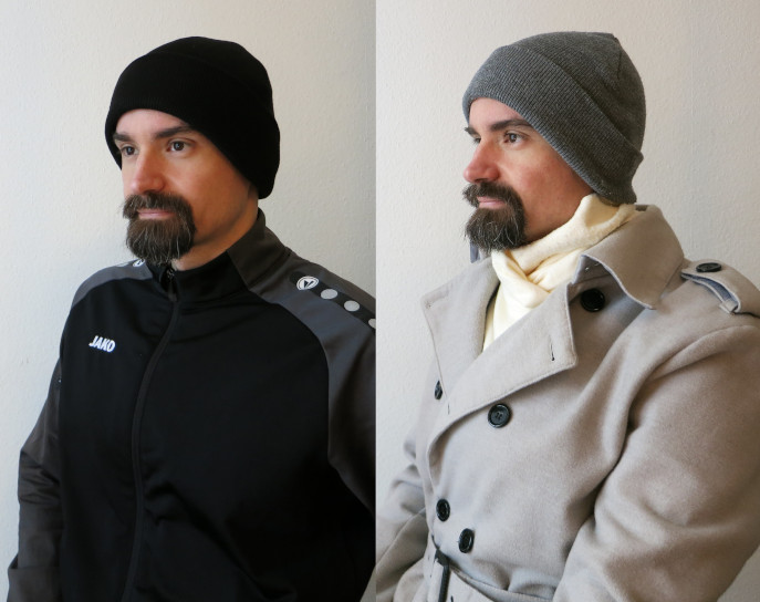 Links: Ich in Trainingsanzug mit schwarzer Mütze. Rechts: Ich in Trenchcoat mit grauer Mütze.