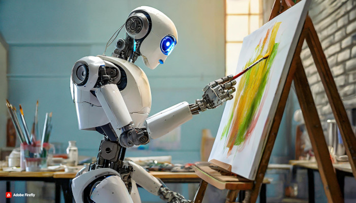 Roboter malt mit Pinsel auf eine Leinwand.