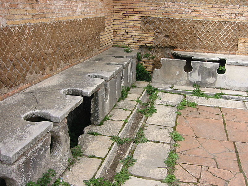 Ruinen von steinernen Sitzbänken mit mehreren Toiletten-Löchern nebeneinander.