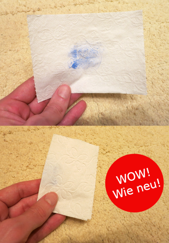 Oben: Ein Blatt Toilettenpapier mit einem Fleck blauer Farbe. Unten: Zusammengefaltetes Blatt, auf dem man keine Farbe mehr sieht; daneben ein marktschreierischer, roter Kreis mit dem Text: »WOW! Wie neu!«