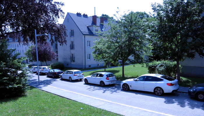 Eine Reihe geparkter Autos  in einer ruhigen Seitengasse mit vielen Grünflächen.