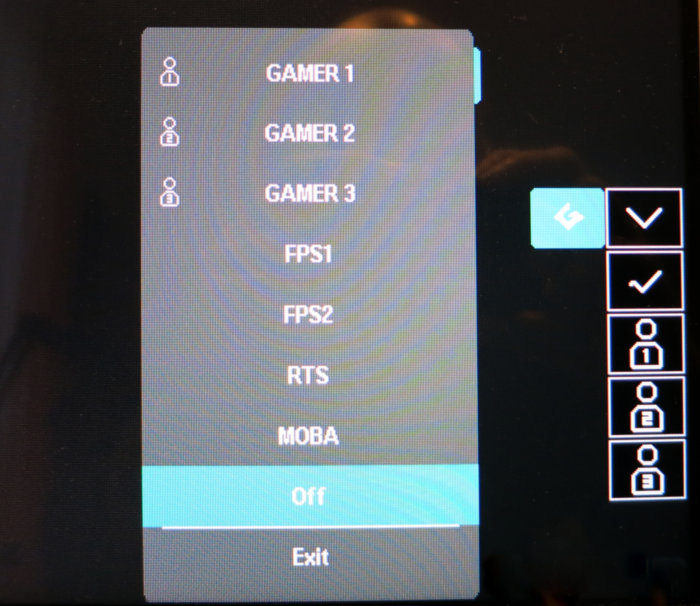 Menü ohne Überschrift mit den Einträgen: GAMER 1, GAMER 2, GAMER 3, FPS1, FPS2, RTS, MOBA, Off und Exit.