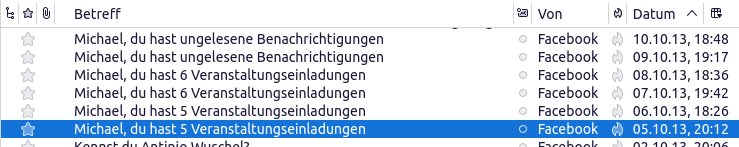 Tägliche E-Mails von Facebook im Zeitraum von 05.10.2013 bis 10.10.2013, der Betreff lautet die ersten zwei Tage »Michael, du hast 5 Veranstaltungseinladungen«, dann wurden daraus sechs Einladungen und dann folgte zwei Tage aufeinander die Verständigung »Michael, du hast ungelesene Benachrichtigungen«.