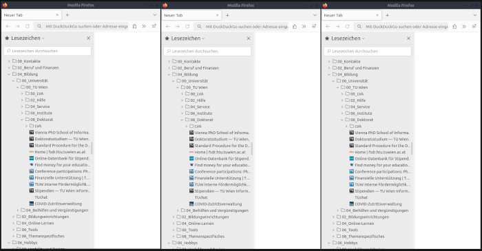 Drei schmale Firefox-Fenster nebeneinander. In jedem davon ist links die gleiche Lesezeichen-Seitenleiste eingeblendet, die jeweils mehr als die Hälfte das Platzes in der Breite einnimmt.