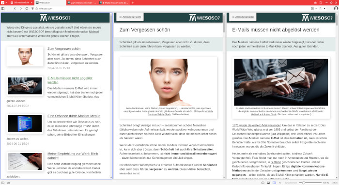 Browserfenster, in dem die WIESOSO-Übersicht und zwei Artikel nebeneinander geöffnet sind.