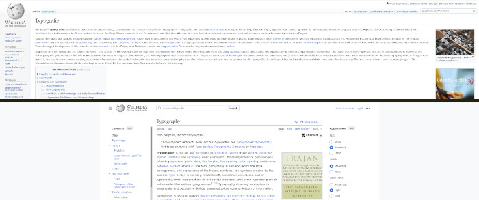 Oben: Deutscher Wikipedia-Artikel zum Thema »Typographie« mit einer Zeilenlänge bis zu rund 310 Zeichen (inkl. Leerzeichen) pro Zeile. Unten: Englischer Wikipedia-Eintrag zum gleichen Thema mit nur rund 80 Zeichen pro Zeile.