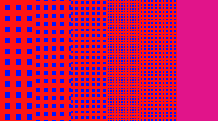 Rote Fläche mit einem Raster aus blauen Quadraten. Nach rechts hin werden die blauen Quadrate kleiner und zahlreicher, wodurch sich der Gesamt-Farbeindruck langsam ändert. Ganz rechts ist das Bild schließlich eine einheitlich pinke Fläche.