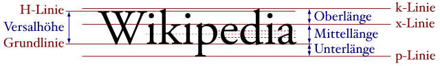 Das Wort »Wikipedia« mit eingezeichneter Oberlänge, Mittellänge, Unterlänge und sechs weiteren typografischen Maß-Begriffen.