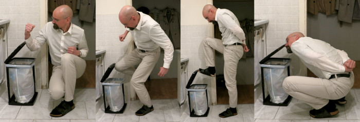 Vier Fotos zeigen den Autor beim erfolgreichen Versuch, einen Klappdeckel mit dem Unterarm, dem Knie, den Zehen und der Nase zu öffnen.
