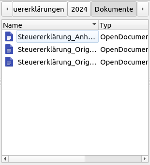 Schmaler Ausschnitt aus Dateimanager, in dem man nur folgende Teile von Dateinamen lesen kann: »Steuererklärung_Anh…«, »Steuererklärung_Orig…« und nochmals »Steuererklärung_Orig…«.