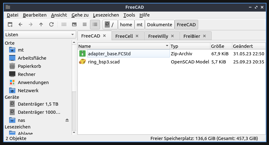 Dateimanager mit vier Reitern mit den Bezeichnungen FreeCAD, FreeCell, FreeWilly und FreiBier.