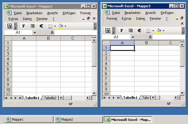 Zwei Excel-Fenster. Darunter in der Taskleiste werden drei offene Excel-Dateien angezeigt.