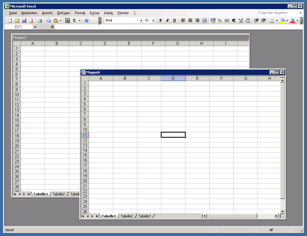 Ein Excel-Fenster mit zwei Unterfenstern, die mit »Mappe5« und »Mappe6« betitelt sind. Die Unterfenster enthalten jeweils nur Tabellendaten, das Hauptfenster alle Steuerelemente.