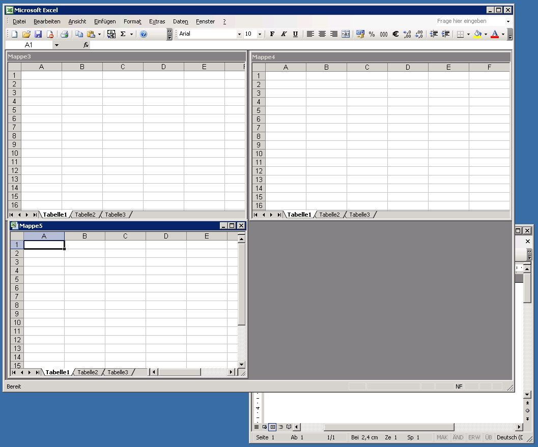 Excel-Fenster mit drei Excel-Mappen in Unterfenstern. Darunter, großteils verdeckt, liegt ein Word-Fenster, das im Excel-Fenster eigentlich nur eine leere Hintergrund-Fläche überdecken würde, wenn es im Vordergrund wäre.
