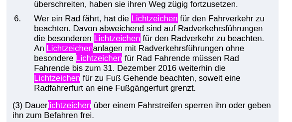 Elf Zeilen aus einem Gesetzestext, in dem sechs Mal das Wort »Lichtzeichen« hervorgehoben ist.