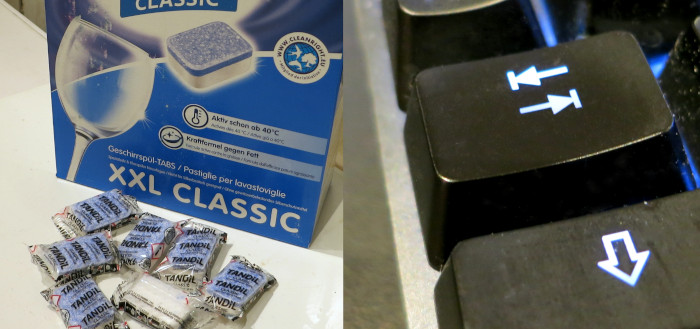 Links: Geschirrspül-Tabs. Rechts: Tabulator-Taste.