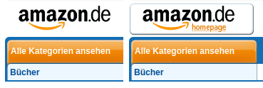 Zwei Screenshot-Ausschnitte mit Amazon.de-Logo. Beim zweiten hat das Logo einen Rahmen und beinhaltet das Wort »homepage«.