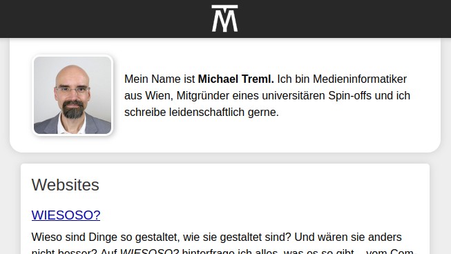 Eine Website, die ähnlich wie WIESOSO aussieht, aber oben dasselbe Logo ohne WIESOSO-Schriftzug hat und statt Artikeln nur mich, den Autor, mit Foto und einem kurzen Text vorstellt.
