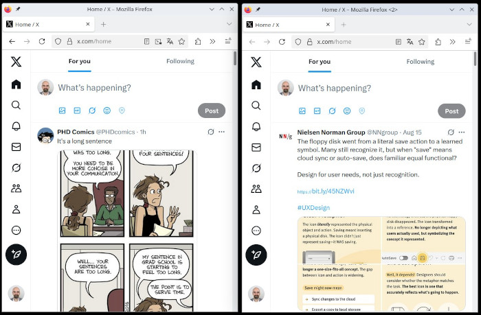 Zwei Browserfenster nebeneinander, die beide x.com/home zeigen, aber jeweils einen anderen Tweet darstellen.