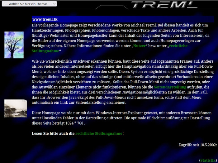 Screenshot einer Website mit blau-schwarz gemustertem Hintergrund, dunkelgrünen Links und einem ausschweifenden Text, der mit »Die vorliegende Homepage zeigt verschiedene Werke von Michael Treml« beginnt und dann vorwiegend über technische Details der Website redet.