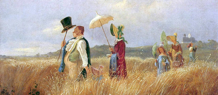 Gem&auml;lde von Personen, die durch ein Kornfeld gehen.