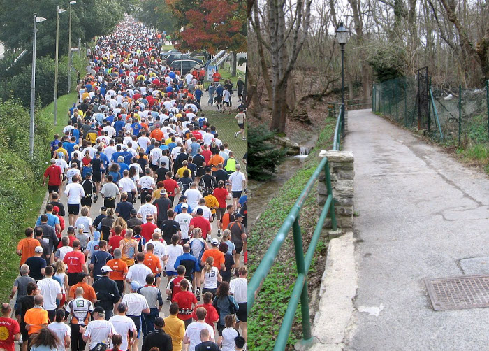 Links: Stra&szlig;e, die mit hunderten L&auml;ufern gef&uuml;llt ist. Rechts: menschenfreier Weg an einem schmalen Bach.