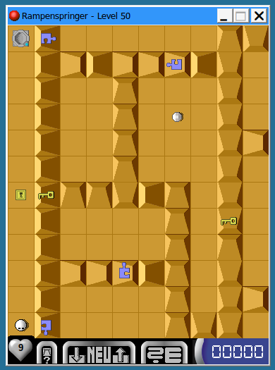 Screenshot von einem Computerspiel mit gekacheltem Spielfeld, auf dem Schl&uuml;ssel, Puzzleteile und andere Objekte verteilt sind.