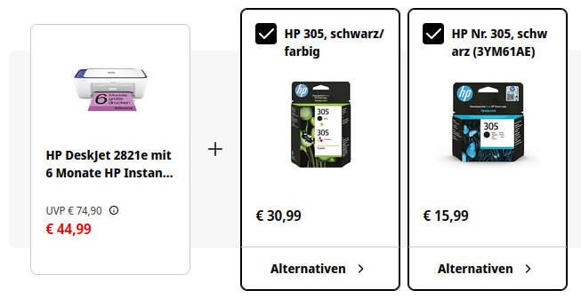 Screenshot von einem Druckerangebot &raquo;HP Deskjet 2821e&laquo; f&uuml;r 44,99 EUR und zugeh&ouml;rigen Tintenpatronen schwarz/farbig f&uuml;r 30,99 EUR oder nur schwarz f&uuml;r 15,99 EUR.
