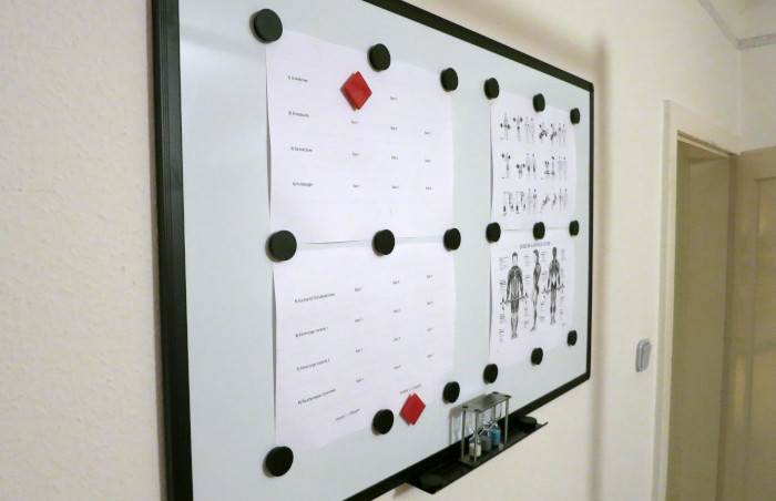 Gro&szlig;e Magnettafel, auf der vier bedruckte Zettel h&auml;ngen. Zwei zeigen Abbildungen von Muskelgruppen und Kraft&uuml;bungen, die anderen beiden tabellarische Daten. Auf den Tabellenbl&auml;ttern sind zwei Stellen mit roten Magneten markiert.