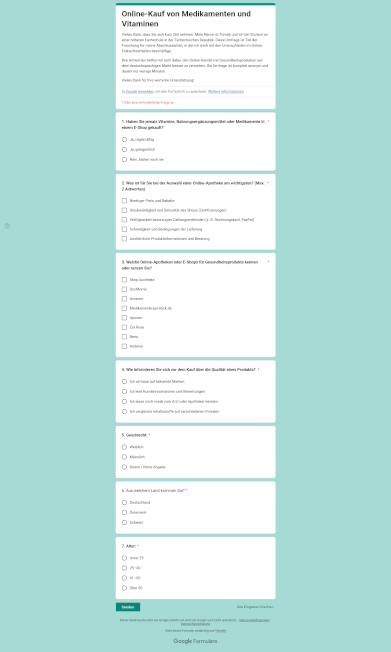 Screenshot einer Umfrage mit sieben Fragen.