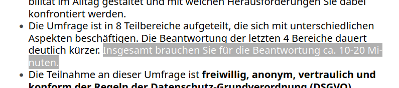 Textausschnitt, in dem folgender Satz markiert ist: &raquo;Insgesamt brauchen Sie f&uuml;r die Beantwortung ca. 10-20 Minuten.&laquo;