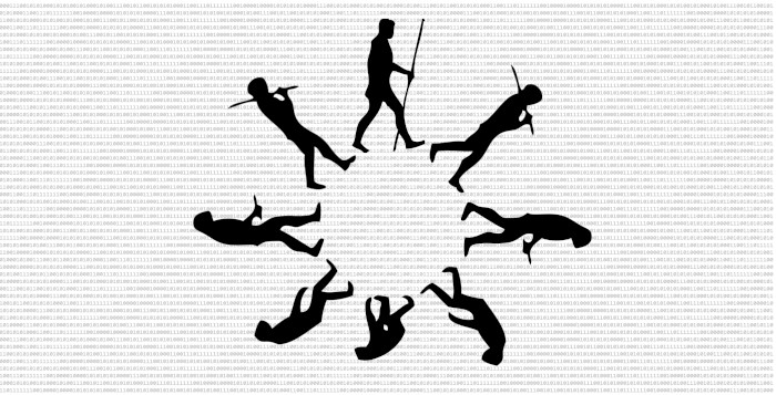 Silhouetten, die die Evolution des Menschen zeigen – allerdings in einer Kreisform, in der es nach dem modernen Menschen schrittweise wieder zurück zum affenähnlichen Ausgangspunkt geht. Der Bildhintergrund besteht aus Nullen und Einsen.