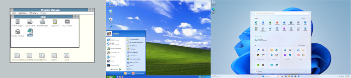 Drei Screenshots von Windows-Desktops nebeneinander, jeweils mit offenem Startmenü bzw. Programm-Manager. Beim ersten und letzten Bild liegt das Startmenü in der Mitte, ist relativ breit und hat Programmsymbole, die unterhalb beschriftet sind. Der Desktop schaut jeweils minimalistisch und farbarm aus. Im mittleren Screenshot liegt das Startmenü dagegen links als Liste und die gesamte Oberfläche ist effektvoll und bunt.