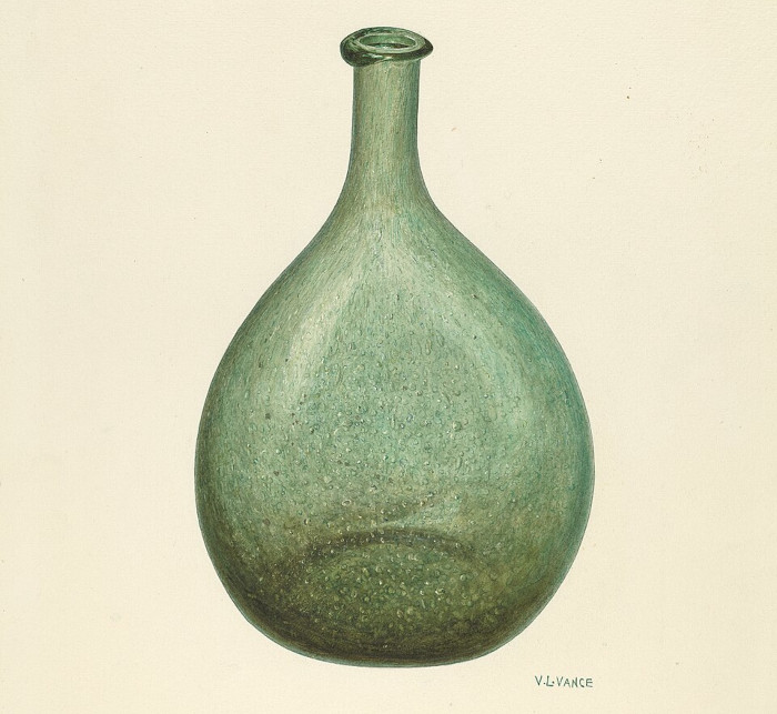 Gemalte, grüne Glasflasche mit rundem Körper und langem Hals.