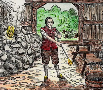 Alte Farbzeichnung eines Blasgläsers, der neben einem Feuer in ein Rohr pustet, um glühendes Glas aufzublasen.