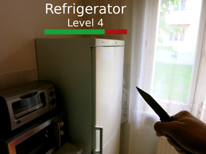 videospielartige Szene mit Kühlschrank auf Level 4