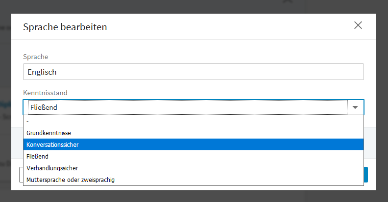 Grundkenntnisse, Konversationssicher, Fließend, Verhandlungssicher, Muttersprache oder zweisprachig